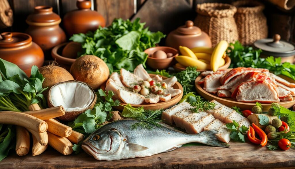 A bountiful still life showcasing the essential ingredients that define Samoan cuisine. In the foreground, a vibrant array of fresh produce - taro roots, coconuts, bananas, and leafy greens - artfully arranged on a rustic wooden surface. In the middle ground, sizable cuts of freshly caught fish and succulent pork, seasoned with fragrant herbs and spices. The background features clay pots, woven baskets, and traditional serving platters, hinting at the rich cultural heritage behind these nourishing dishes. Warm, natural lighting casts a soft, inviting glow, evoking the warmth and hospitality of Samoan kitchens. This image captures the essence of Samoa's culinary traditions - a harmonious blend of land, sea, and the skilled hands that transform these ingredients into exceptional meals.