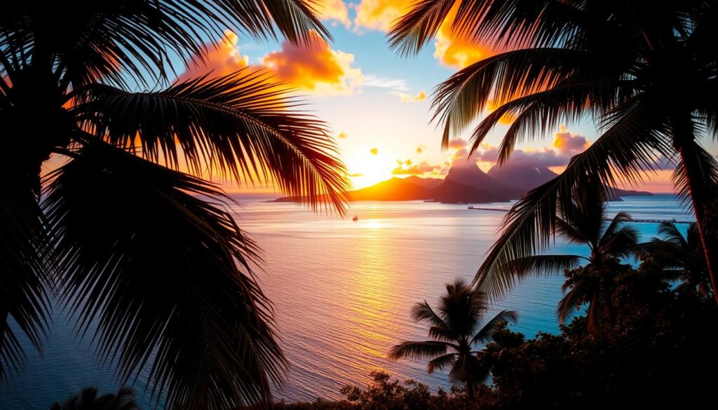 A breathtaking Bora Bora sunset, captured from an elevated viewing point overlooking the turquoise lagoon. The foreground features lush palm trees swaying gently in the warm evening breeze, their fronds silhouetted against the vibrant sky. In the middle ground, the shimmering waters of the lagoon reflect the fiery hues of the setting sun, creating a mesmerizing mirror-like effect. In the distance, the iconic volcanic peaks of Bora Bora rise majestically, their slopes bathed in a soft, golden glow. The scene exudes a sense of tranquility and romance, inviting the viewer to pause and savor the beauty of this iconic tropical paradise.
