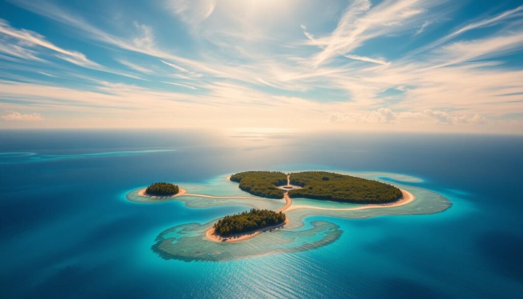 A breathtaking aerial view of the Kiribati islands, a remote and enchanting Pacific archipelago. In the foreground, crystalline turquoise lagoons and palm-fringed atolls dotting the endless expanse of the azure ocean. The middle ground reveals lush, verdant islands with swaying coconut palms and vibrant tropical vegetation. In the background, wispy cirrus clouds drift across a brilliant, sun-dappled sky, casting a warm, golden glow over the entire scene. The image conveys the serene, idyllic atmosphere and the stunning natural beauty that defines the geography and climate of this remote and fascinating island nation.