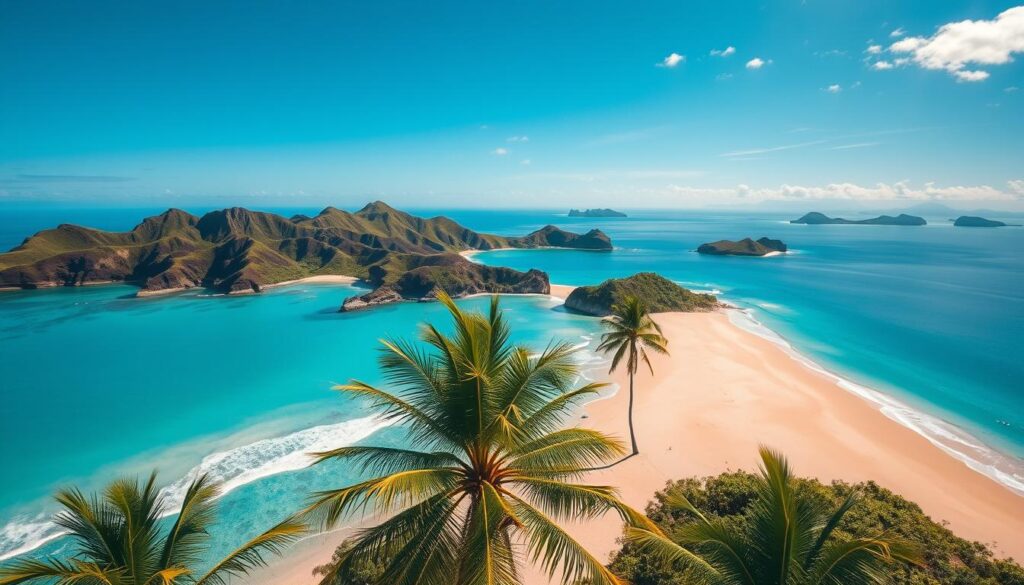 A breathtaking aerial view of the pristine beaches of the Cook Islands, with crystalline turquoise waters lapping against the pristine white sand. In the foreground, lush palm trees sway gently, casting soft shadows on the golden shore. The middle ground features stunning rock formations and verdant hills, creating a dramatic natural landscape. In the distance, the horizon is dotted with small, idyllic islands, their silhouettes reflecting in the tranquil lagoon. The scene is bathed in warm, golden sunlight, creating a serene and inviting atmosphere. Captured with a wide-angle lens, this image showcases the unparalleled natural beauty and tranquility of the Cook Islands, perfect for showcasing the region's stunning natural attractions.