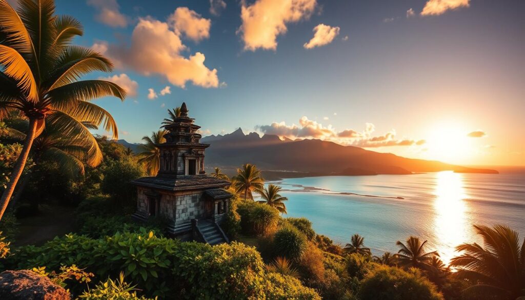 A breathtaking landscape of Fiji's hidden historical gems, captured under the warm glow of a golden hour sunset. In the foreground, an ancient stone temple nestled amidst lush tropical foliage, its weathered facade exuding an aura of timeless mystery. The middle ground reveals a tranquil, turquoise lagoon, its calm waters reflecting the vibrant hues of the sky. In the distance, jagged volcanic peaks rise majestically, their silhouettes a testament to Fiji's dynamic geological history. This scene, captured with a wide-angle lens, evokes a sense of wonder and exploration, perfect for the "south pacific travel blog" feature on Fiji's Undiscovered Treasures.