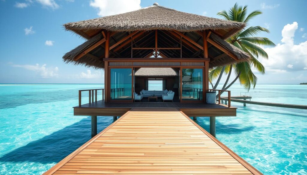 A breathtaking overwater villa nestled in a pristine tropical lagoon, its thatched roof and wooden stilts elegantly blending with the azure waters. Sunlight filters through the expansive glass walls, casting a warm glow on the plush, contemporary furnishings. In the foreground, a private wooden deck extends out onto the tranquil sea, inviting guests to relax and soak in the serene, unobstructed vistas of the South Pacific horizon. Lush palm trees sway gently in the background, completing the idyllic, secluded ambiance of this exclusive, luxurious escape.