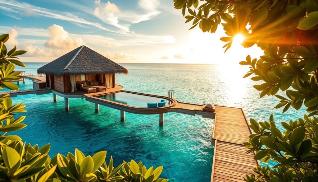 A breathtaking overwater villa nestled in the turquoise lagoons of the South Pacific. A thatched-roof bungalow with a private infinity pool and glass floor panels, offering unparalleled views of the vibrant coral reefs below. Lush tropical foliage frames the scene, creating a serene and luxurious oasis. Warm sunlight filters through wispy clouds, casting a soft, golden glow over the tranquil waters. Stylish yet minimalist furnishings complement the natural beauty, while a wooden dock leads out to the villa's secluded private beach. This image captures the epitome of lavish, yet eco-conscious, overwater accommodations in the stunning South Pacific.