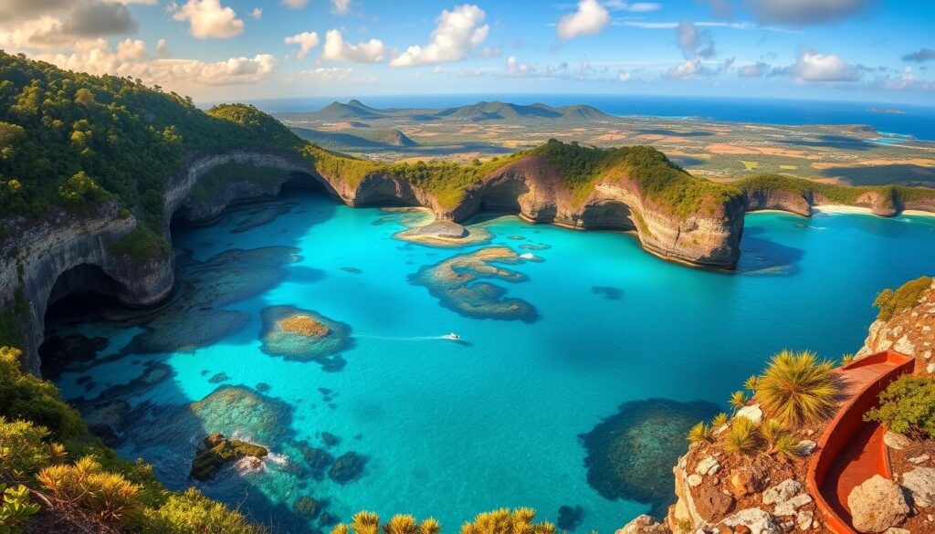 A breathtaking panorama of Niue's natural wonders, captured under a warm, golden sunset. In the foreground, crystal-clear turquoise waters lap against the island's rugged, limestone cliffs, adorned with lush, verdant foliage. In the middle ground, a network of intricate sea caves and hidden grottos beckon explorers to discover their secrets. Further in the distance, rolling hills covered in a patchwork of tropical greenery stretch out toward the horizon, creating a sense of untamed, unspoiled beauty. The scene is bathed in a soft, diffused light, casting a tranquil, serene atmosphere, inviting the viewer to immerse themselves in the untouched majesty of this Pacific paradise.