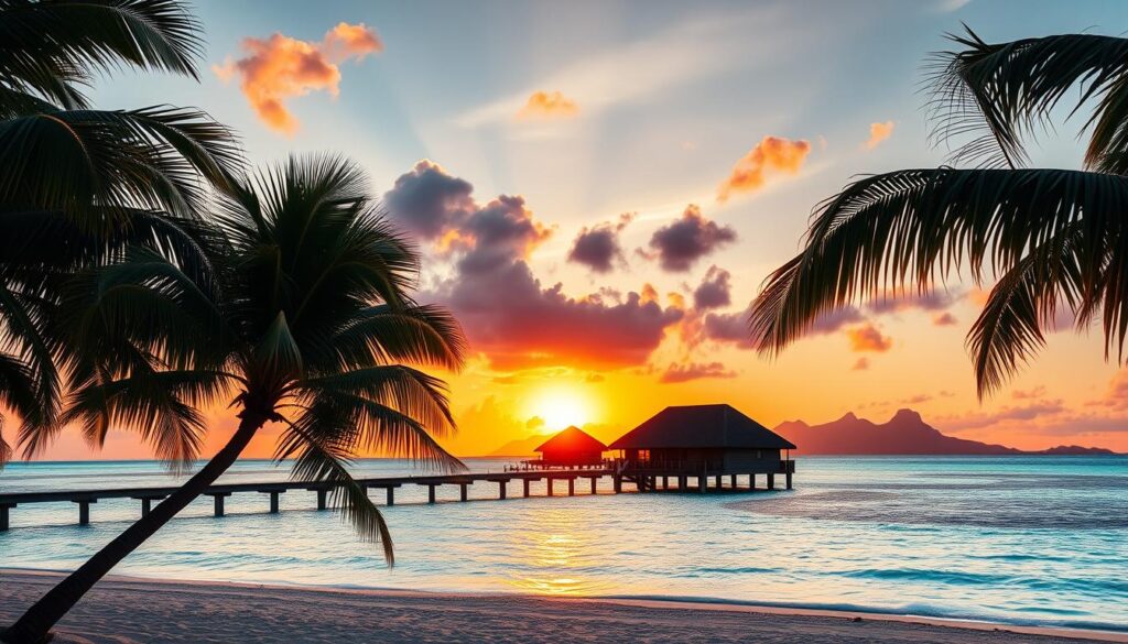 A breathtaking sunset over the crystal-clear turquoise waters of Bora Bora, captured through the lens of a high-quality DSLR camera. In the foreground, swaying palm trees cast long shadows on the pristine white-sand beach. The middle ground features a picturesque overwater bungalow, its thatched roof glowing in the warm evening light. In the background, the iconic volcanic peaks of Bora Bora rise majestically, their silhouettes painted in vibrant hues of orange, pink, and purple. The scene exudes a sense of tranquility and romance, perfectly encapsulating the enchantment of watching sunsets in this idyllic South Pacific paradise.
