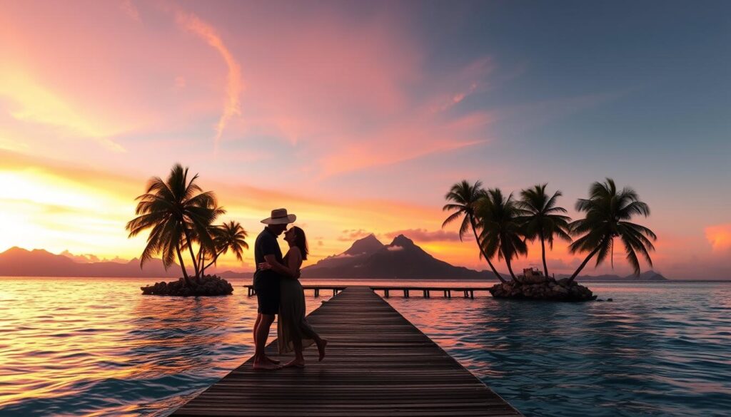 A breathtaking sunset scene on the tranquil lagoon of Bora Bora. In the foreground, a couple embraces on a wooden dock, silhouetted against the vibrant orange and pink sky. Gentle waves lap at the shore, reflecting the warm hues. In the middle ground, lush palm trees sway in a soft breeze, creating a serene and romantic atmosphere. The distant volcanic peaks of the island rise majestically in the background, casting long shadows across the water. Soft, golden light bathes the entire scene, creating a sense of intimacy and natural beauty. The overall mood is one of peaceful solitude, perfect for a couple to share a magical sunset experience.
