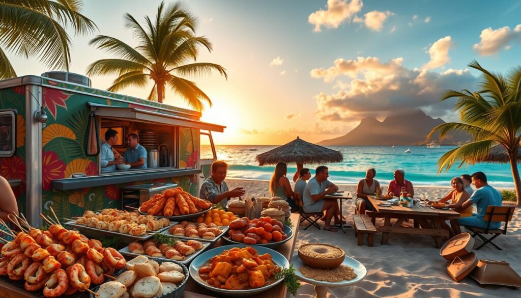 A bustling Tahitian roulotte food truck, its colorful exterior adorned with Polynesian patterns, parked alongside a sandy beach under a warm, golden sunset. In the foreground, an array of local delicacies are artfully displayed - fresh seafood skewers, fragrant curries, and traditional Tahitian pastries. The middle ground features lively patrons savoring their meals at rustic wooden tables, surrounded by swaying palm trees and the gentle lapping of waves. The background showcases the stunning, turquoise lagoon and distant volcanic peaks, creating a breathtaking island ambiance. A high-quality, wide-angle lens captures this vibrant, mouthwatering scene with sharp focus and natural lighting.