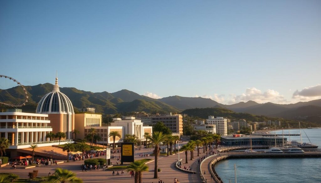 A bustling cityscape of Nouméa, the vibrant capital of New Caledonia, bathed in warm afternoon light. In the foreground, iconic landmarks such as the Tjibaou Cultural Center and the Loyalty Islands Museum stand tall, their modern and indigenous architectural styles blending seamlessly. In the middle ground, people stroll along the lively waterfront promenade, enjoying the Pacific Ocean views and the lively atmosphere. In the background, the rolling hills and lush vegetation of the surrounding landscape create a picturesque backdrop, hinting at the natural beauty that awaits beyond the city limits.