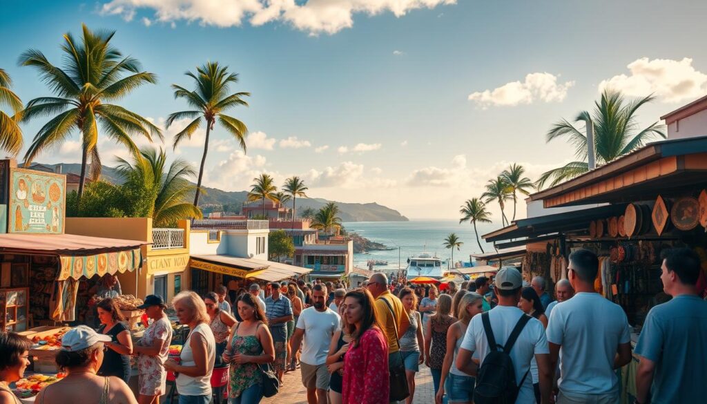 A bustling outdoor market in a vibrant coastal town, local artisans and vendors showcase their handcrafted wares and traditional delicacies. In the foreground, a group of tourists eagerly interact with the lively community, learning about their heritage and supporting small businesses. The middle ground features a striking mural depicting cultural icons and symbols, drawing the eye towards the picturesque backdrop of palm trees, colorful buildings, and a serene ocean vista. Warm, golden sunlight filters through, casting a welcoming glow and fostering a sense of cultural immersion. The scene conveys a harmonious blend of local tradition and international visitors, showcasing how tourism can empower and celebrate a community's unique identity.