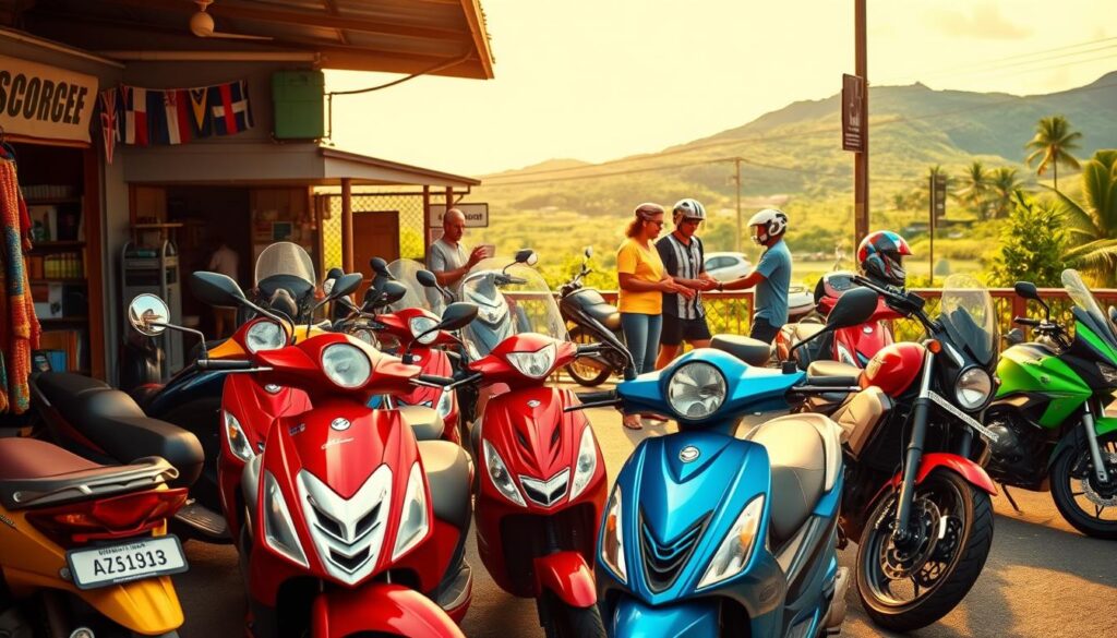 A bustling scooter and motorcycle rental shop in the heart of Rarotonga, the main island of the Cook Islands. In the foreground, a group of vibrant, well-maintained rental vehicles - sleek scooters and powerful cruiser-style motorcycles - arranged in an eye-catching display. The middle ground features a team of friendly, knowledgeable staff assisting customers, providing recommendations and handing over the keys. In the background, the lush, verdant landscape of Rarotonga is visible, hinting at the scenic adventures that await those who explore the island on these nimble, two-wheeled modes of transport. The scene is bathed in warm, golden sunlight, conveying a sense of tropical paradise and the promise of an unforgettable road trip experience.
