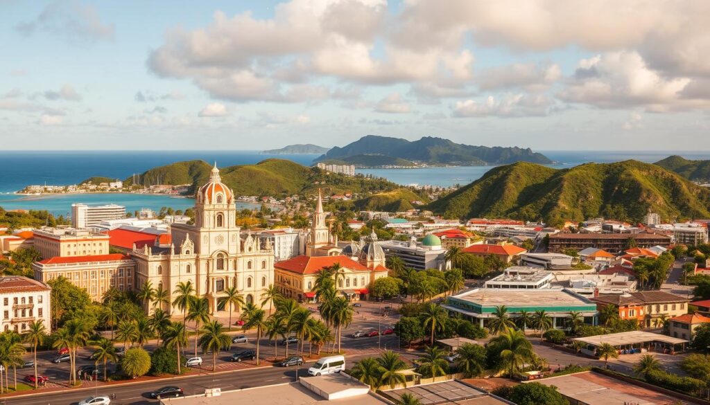 A bustling urban center nestled amidst a stunning natural landscape, Nouméa, the capital of New Caledonia, beckons with its captivating attractions. In the foreground, iconic landmarks like the Hôtel de Ville and the Cathédrale Saint-Joseph stand tall, their intricate architecture a testament to the island's French colonial heritage. In the middle ground, palm-lined promenades and vibrant local markets invite visitors to immerse themselves in the city's lively pulse. In the background, the shimmering azure waters of the Pacific Ocean and the rugged, verdant hills that surround the city create a breathtaking backdrop, conveying a sense of tropical paradise. Capture this harmonious blend of urban and natural wonders through a wide-angle lens, with soft, warm lighting that accentuates the unique charm of Nouméa.