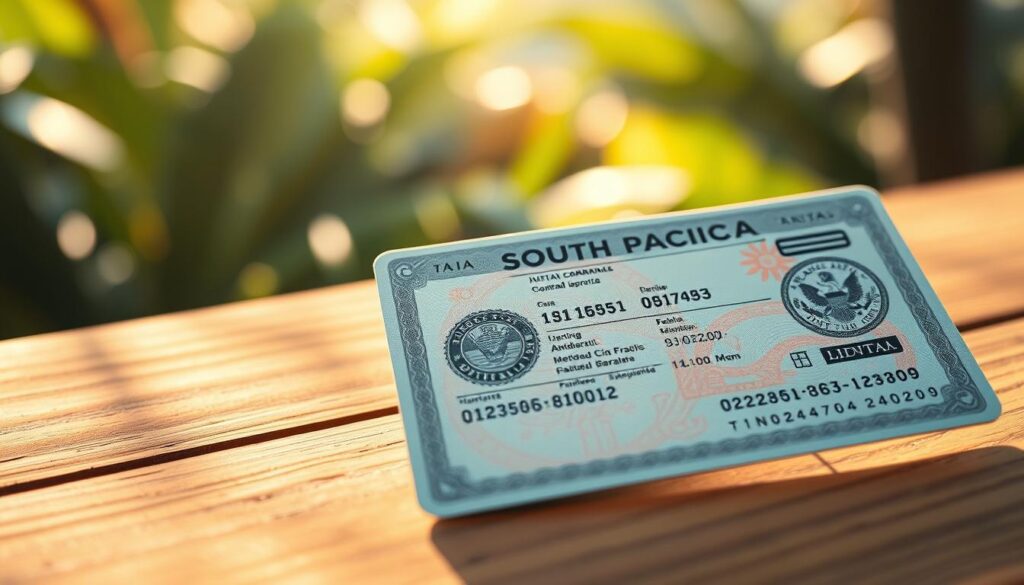 A close-up shot of a South Pacific travel visa document, meticulously detailed with intricate patterns and official seals. The visa is placed on a wooden surface, bathed in warm, natural lighting that casts subtle shadows, creating a sense of depth and authenticity. The background fades into a soft, blurred scene of tropical foliage, hinting at the exotic destinations the visa grants access to. The composition emphasizes the visa's importance, conveying the essence of "Understanding South Pacific Travel Visas" through a visually captivating and informative image.