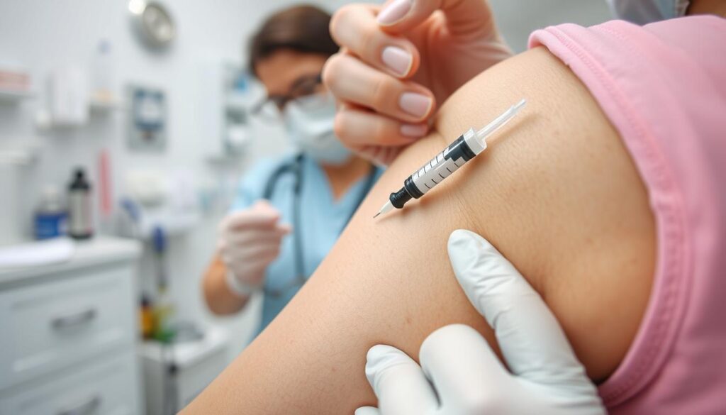 A close-up view of a person's arm receiving an injection, with a medical professional in the background administering the vaccine. The scene is well-lit, with a clean and sterile medical environment. The focus is on the syringe and the needle gently entering the skin, conveying a sense of routine and professionalism. The background features medical equipment and supplies, creating a sense of a clinical setting. The overall mood is one of reassurance and safety, reflecting the importance of routine vaccinations for travel to the South Pacific region.