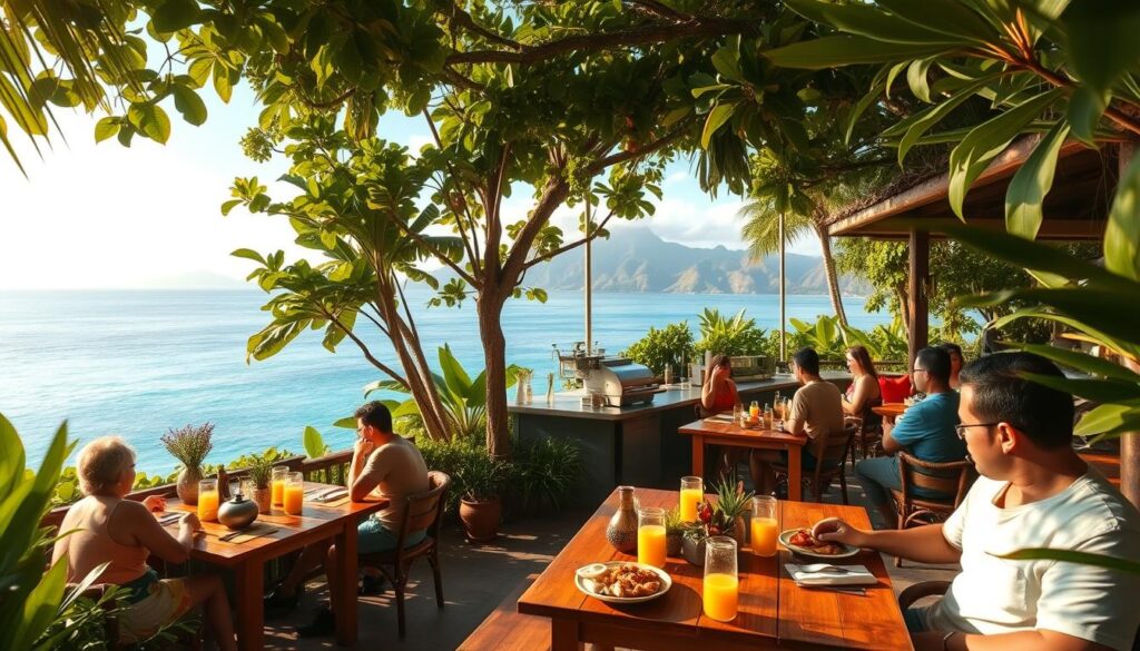 A cozy, affordable outdoor café nestled amidst lush, tropical foliage in Tahiti. In the foreground, a group of locals and tourists enjoying a leisurely meal at rustic wooden tables, sipping on fresh juices and sharing platters of local seafood and produce. The middle ground features a small open-air kitchen where chefs skillfully prepare the dishes, the sizzle and aromas wafting through the air. In the background, a breathtaking view of the crystal-clear, turquoise ocean and distant mountains, bathed in warm, golden light. The overall scene exudes a relaxed, island ambiance, inviting the viewer to imagine an affordable, yet authentic Tahitian dining experience.