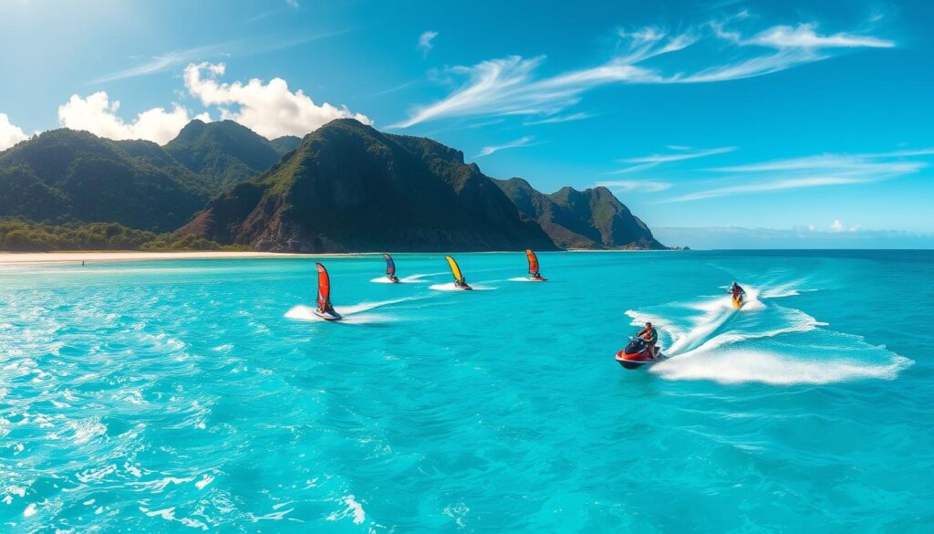 A crystalline azure ocean stretches out, lapping against pristine white-sand beaches in the foreground. In the middle ground, thrill-seekers zip across the waves on jet skis, kiteboards, and wakeboards, their colorful sails and spray creating a dynamic, energetic scene. The background features dramatic, jungle-clad cliffs rising up from the shore, with the sun's warm glow filtering through wispy clouds overhead, illuminating the tropical paradise. A wide-angle lens captures this captivating slice of adventurous water sports set against the breathtaking natural beauty of New Caledonia.
