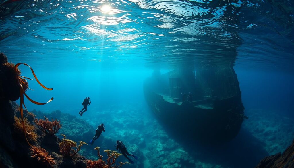 A crystalline azure sea, sun-dappled and serene, as a majestic wreck emerges from the depths, its weathered hull shrouded in a tapestry of vibrant corals and swaying kelp. Intrepid divers, garbed in sleek wetsuits, explore the wreck's haunting interior, illuminated by shafts of golden light filtering through the water. In the distance, a volcanic coastline rises, its jagged cliffs cloaked in lush, verdant foliage, hinting at the island's enigmatic subterranean realm of lava tunnels and hidden wonders. Capture the allure of Vanuatu's thrilling wreck diving, a realm where history and nature converge in a captivating undersea ballet.