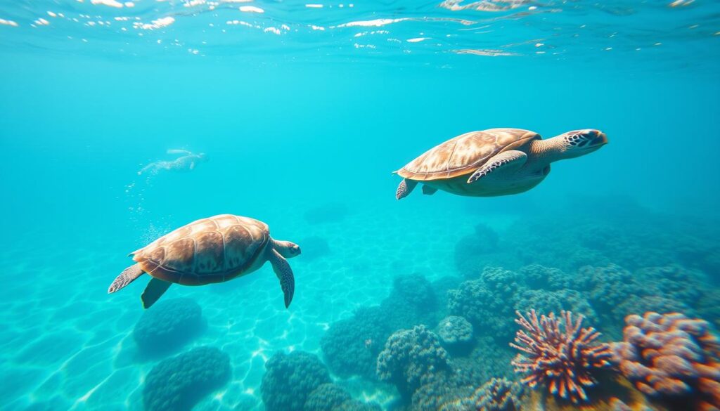 A crystalline azure sea, sun-dappled and shimmering, serves as the backdrop for a serene scene of swimming with graceful sea turtles. In the tranquil foreground, a snorkeler floats peacefully, eyes fixed on the majestic creatures gliding effortlessly beneath the surface, their ancient shells reflecting the warm tropical light. The middle ground reveals a vibrant coral reef, its vibrant hues and intricate structures creating a captivating underwater landscape. Bathed in a soft, golden glow, the entire composition evokes a sense of wonder and harmony, transporting the viewer to a dreamlike, enchanted realm beneath the waves.