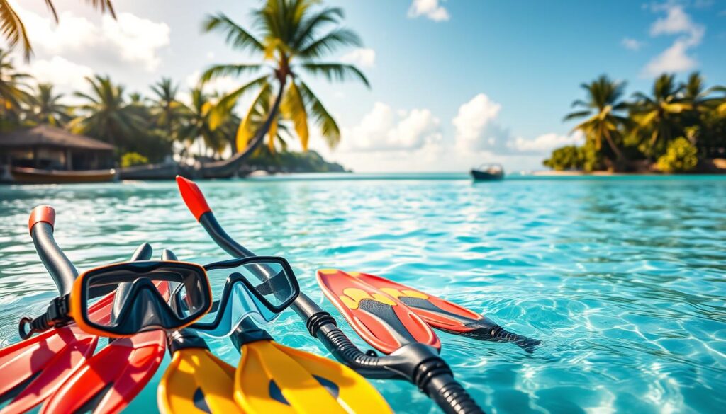 A crystalline lagoon in Tahiti, lush palm trees swaying in the breeze. In the foreground, a collection of vibrant snorkeling gear - sleek diving masks, flexible fins, and high-quality snorkels. The equipment is arranged artfully, inviting the viewer to imagine themselves exploring the island's vibrant underwater world. Diffused tropical sunlight bathes the scene, casting warm shadows and highlights that accentuate the vibrant colors. The overall mood is one of adventure, excitement, and the promise of discovering Tahiti's natural wonders. A sense of tranquility and escapism permeates the image, transporting the viewer to this idyllic Pacific paradise.