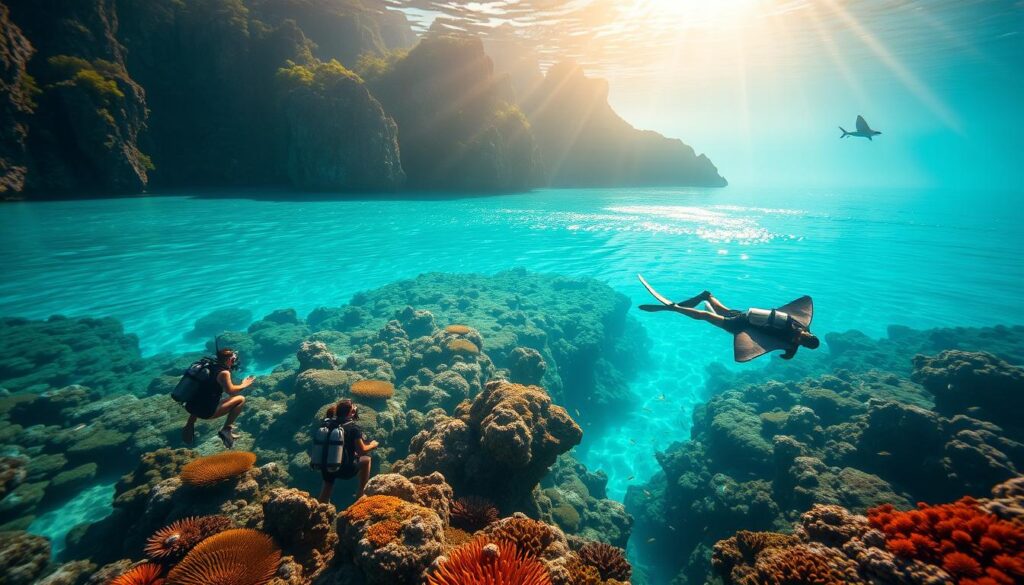A crystalline lagoon surrounded by verdant, jagged limestone cliffs rises from the turquoise waters of Palau. In the foreground, a group of scuba divers emerge from the depths, their silhouettes casting rippling shadows on the surface. Shafts of golden sunlight pierce the water, illuminating a kaleidoscope of vibrant coral formations and schools of tropical fish. The middle ground features a dramatic underwater canyon, its walls adorned with gently swaying sea fans and anemones. In the distance, a lone manta ray glides effortlessly through the current, its graceful movements a testament to the region's abundant marine life. The scene exudes a sense of tranquility and wonder, capturing the essence of Palau's renowned status as a diver's paradise.