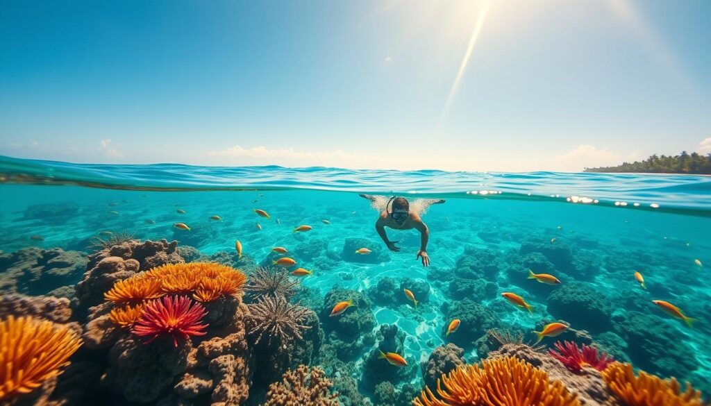 A crystalline ocean in the Kingdom of Tonga, azure waters gently lapping against a pristine coral reef. In the foreground, a snorkeler gracefully glides through the vibrant marine life, gazing in awe at the kaleidoscope of tropical fish darting amidst the swaying sea fans and anemones. Shafts of warm, golden sunlight pierce the surface, illuminating the stunning underwater landscape. In the distance, a lush, palm-fringed island shore stands as a tranquil backdrop to this idyllic oceanic adventure. Capture the essence of Tonga's natural splendor and the thrill of exploring its captivating aquatic realm.