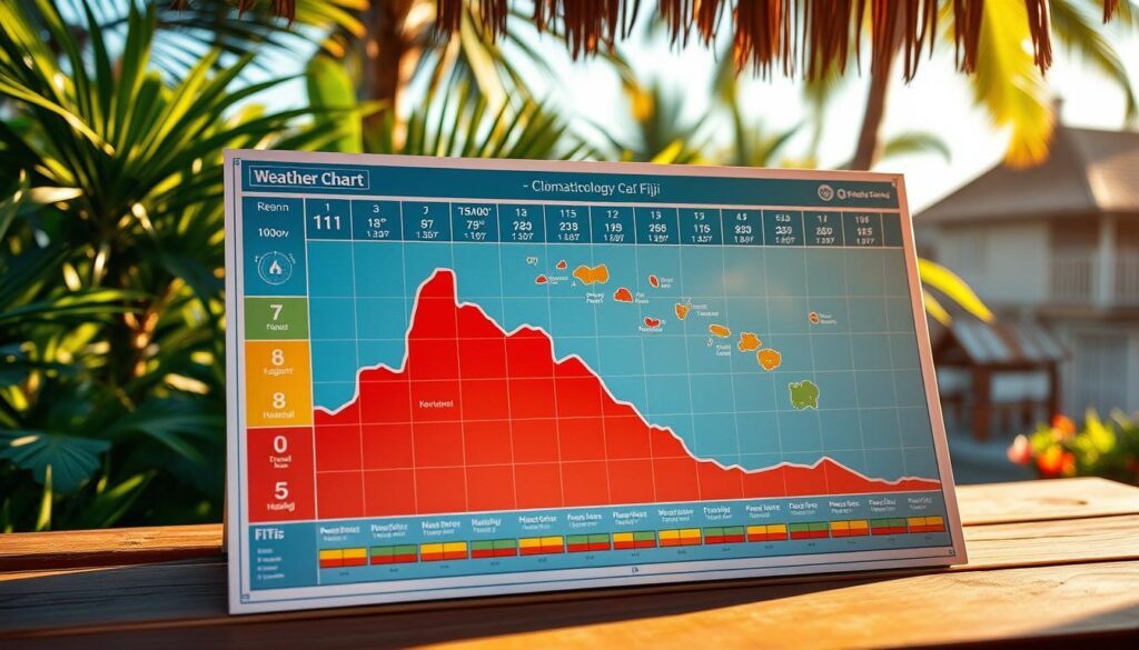 A detailed weather chart showcasing the climatology of Fiji, with vibrant colors and crisp typography against a tropical backdrop. The chart prominently displays temperature, rainfall, and humidity statistics for the main regions of the islands, presented in an elegant and informative layout. The scene is bathed in warm, diffused lighting, evocative of the sun-drenched Pacific atmosphere. The chart is placed on a wooden surface, surrounded by lush, verdant foliage and hints of traditional Fijian architecture in the distance, creating a sense of context and cultural immersion. The overall impression is one of comprehensive, yet visually appealing meteorological data tailored for travelers seeking to plan the optimal time to visit this idyllic South Pacific destination.
