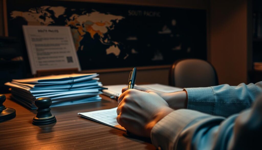 A dimly lit office desk with a stack of official-looking documents, a pen, and a stamp. In the foreground, a person's hands carefully filling out a visa application form. The background features a world map with the South Pacific islands highlighted, hinting at the destination. The scene is bathed in a warm, amber-toned lighting, creating a sense of seriousness and attention to detail. The overall mood is one of focused concentration, reflecting the importance of the visa application process for those seeking to explore the stunning landscapes of the South Pacific.