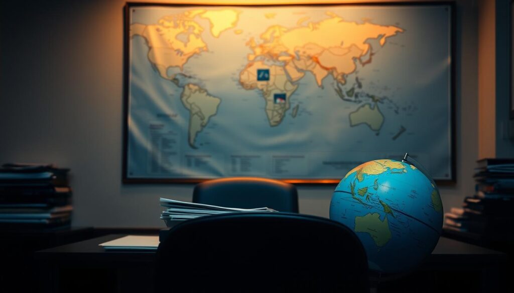 A dimly lit office setting, with a desk and chair in the foreground. On the desk, a stack of official-looking documents and a globe depicting the South Pacific region. In the background, a world map hangs on the wall, highlighting the various nations and their visa requirements. The lighting is warm and subdued, creating a contemplative atmosphere. The overall scene conveys the complexities and bureaucratic nature of navigating visa policies in the South Pacific.