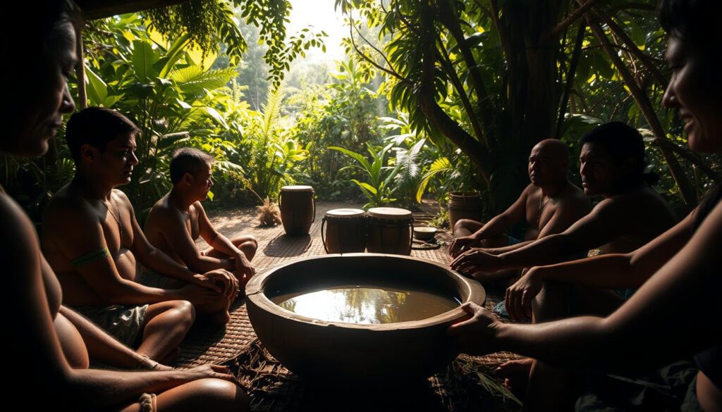 A dimly lit, rustic outdoor setting in a lush Fijian jungle. In the foreground, a group of people sitting on woven mats, passing a large wooden bowl filled with a murky kava drink. Shadows dance across their faces, conveying a sense of reverence and tranquility. In the middle ground, traditional Fijian drums and other ceremonial objects are arranged, hinting at the cultural significance of the event. The background is shrouded in verdant foliage, with sunlight filtering through the canopy, creating a warm, earthy atmosphere. The overall scene evokes a profound, immersive experience of a time-honored Fijian kava ceremony.