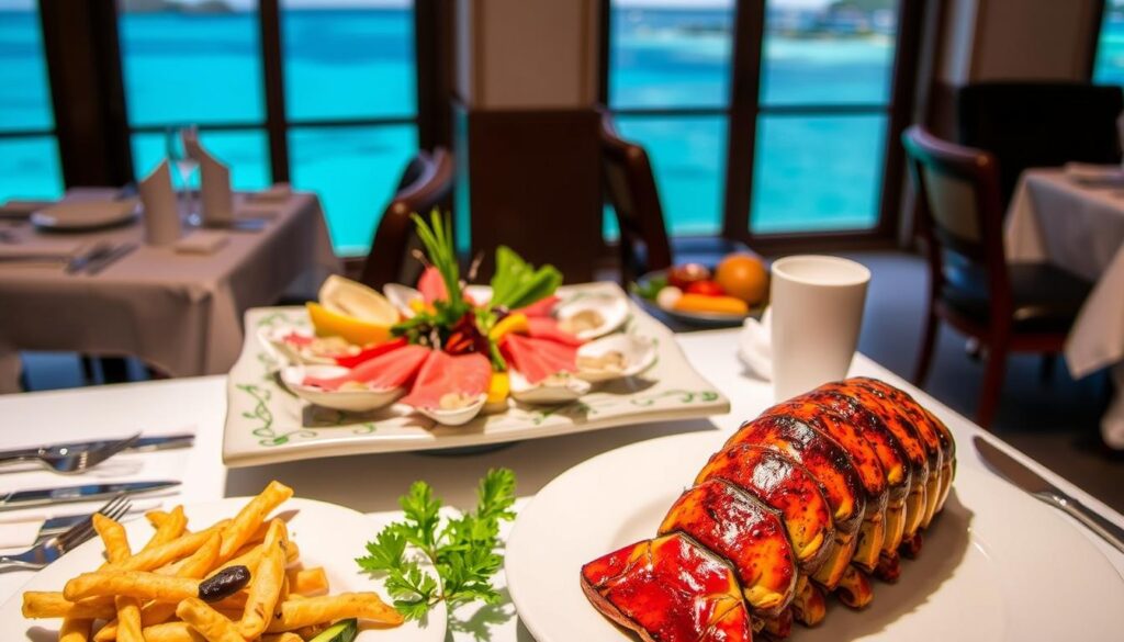 A fine dining restaurant nestled in the heart of Tahiti, Le Grillardin offers an exquisite display of the island's finest seafood. In the foreground, a succulent grilled lobster tail glistens under the warm, golden lighting, accompanied by a side of tender, lightly charred vegetables. In the middle ground, a visually stunning seafood platter features a vibrant arrangement of seared tuna, sashimi-style slices of fresh catch, and delicate, briny oysters on the half shell. The background showcases the restaurant's elegant, French-inspired decor, with crisp white tablecloths, polished silverware, and a panoramic view of the sparkling azure waters of the Tahitian lagoon. The overall scene evokes a sense of sophisticated refinement and the irresistible flavors of the island's bountiful marine life.