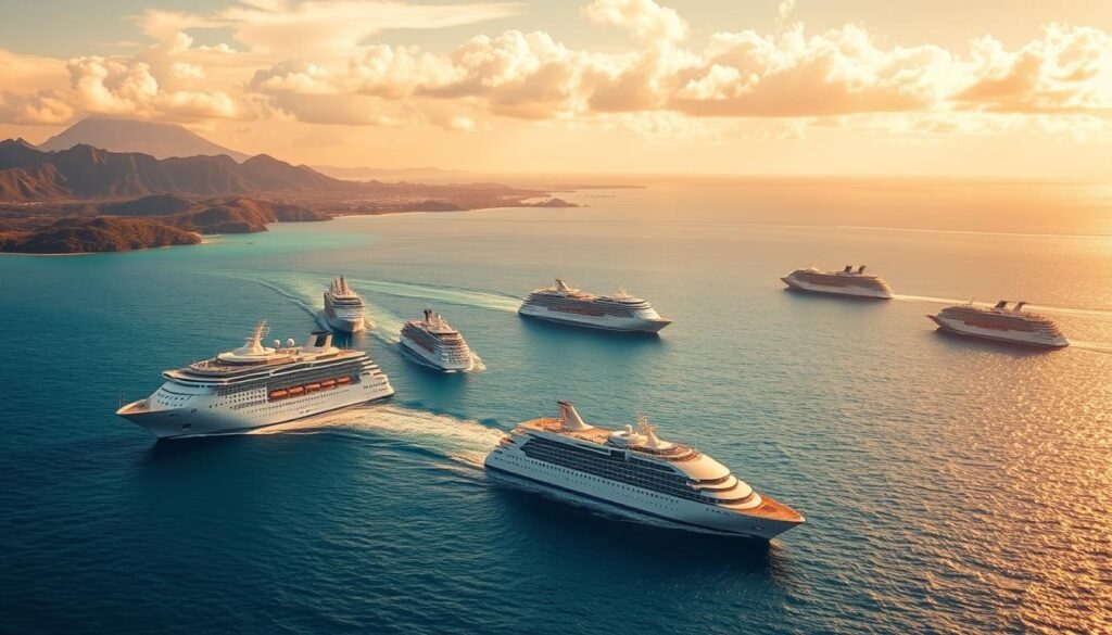 A fleet of luxurious cruise ships sailing across the tranquil South Pacific waters, with their sleek silhouettes and gleaming exteriors catching the warm, golden sunlight. In the foreground, a majestic liner gracefully cuts through the azure waves, its polished decks and elegant superstructure conveying a sense of opulence and adventure. In the middle ground, other vessels can be seen in the distance, their distinctive designs and color schemes reflecting the diverse range of cruise lines offering South Pacific itineraries. The background is filled with a panoramic vista of lush, verdant islands, towering volcanic peaks, and a vast, open sky that seems to stretch endlessly. The overall scene evokes a feeling of excitement, discovery, and the promise of unforgettable South Pacific experiences.