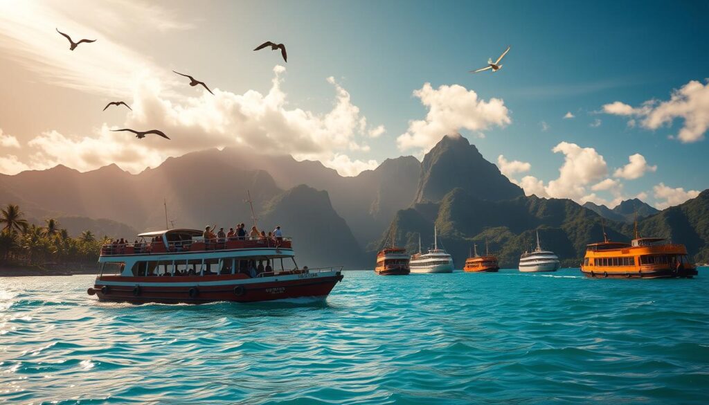 A fleet of vibrant, wooden ferries gliding across the turquoise waters of the South Pacific, carrying passengers between lush, volcanic islands. In the foreground, a ferry approaches a bustling, palm-fringed dock, its deck filled with sun-tanned travelers and locals. Seabirds soar overhead, casting dynamic shadows on the gently lapping waves. The middle ground reveals other ferries in the distance, their silhouettes framed by towering, jungle-clad mountains. Warm, golden sunlight filters through wispy clouds, casting a tranquil, nostalgic glow over the entire scene. The overall mood is one of relaxed island adventure and cultural exchange.
