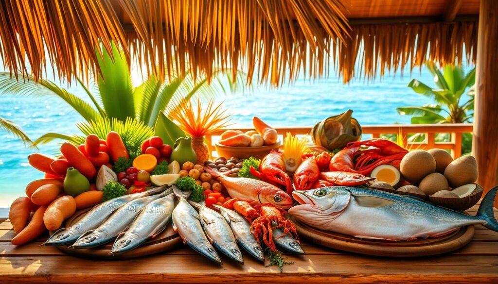 A lavish display of Tahiti's bountiful seafood specialties arranged on a rustic wooden table, bathed in warm, golden sunlight filtering through a palm-fringed window. In the foreground, glistening fresh-caught tuna, mahi-mahi, and lobster take center stage, surrounded by vibrant island produce like sweet potatoes, papaya, and coconut. The middle ground features a medley of local dishes - poisson cru (raw fish salad), bougna (fish and vegetables wrapped in banana leaves), and the iconic po'e (fermented breadfruit). The background evokes the lush tropical ambiance of Tahiti, with verdant foliage and a glimpse of the shimmering azure ocean beyond.