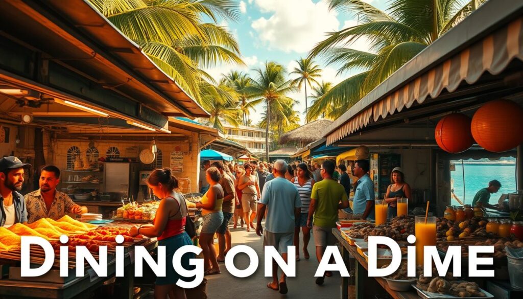 A lively French Polynesian street food market, bathed in warm, golden sunlight. In the foreground, vibrant stalls offer an array of exotic delicacies - sizzling crepes, skewered seafood, and freshly squeezed tropical juices. The middle ground features locals and tourists mingling, examining the enticing offerings. In the background, palm-fringed buildings and azure skies create a serene, island ambiance. The scene is captured with a wide-angle lens, emphasizing the bustling, immersive atmosphere. The overall mood is one of casual indulgence and cultural immersion, perfectly suiting the "Dining on a Dime" theme.