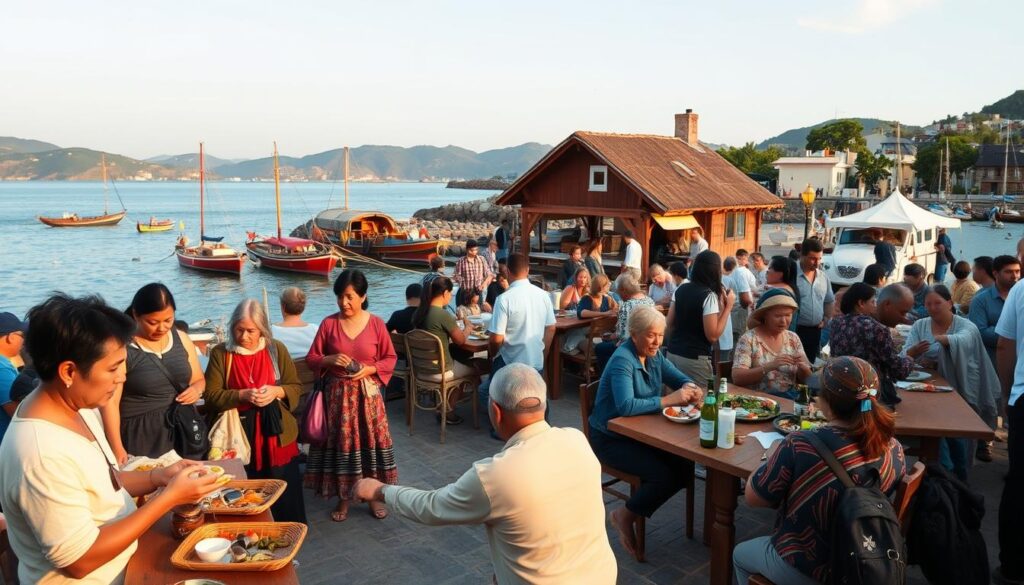 A lively community gathering in a coastal village, with local residents engaged in various tourism-related activities. In the foreground, a group of people operate small handicraft stalls, showcasing their traditional wares. In the middle ground, a family-run restaurant serves authentic local cuisine to visiting tourists, who dine at rustic wooden tables. In the background, a picturesque harbor scene unfolds, with fishing boats bobbing gently in the calm waters and a backdrop of verdant hills. Warm, natural lighting illuminates the vibrant, communal atmosphere, capturing the essence of community-based tourism initiatives that empower local populations and celebrate their cultural heritage.