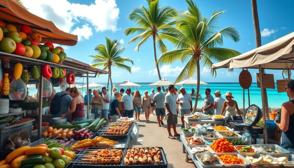 A lively open-air market in Tahiti, overflowing with vibrant local produce and street food vendors. In the foreground, a stall showcases an array of tropical fruits, vegetables, and freshly caught seafood. Sizzling grills emit tantalizing aromas, as locals and visitors alike sample savory kebabs, fragrant curries, and other beloved Polynesian specialties. The middle ground is a bustling scene of locals haggling good-naturedly, while children dart between the stands. In the background, palm trees sway gently, and the sparkling azure waters of the lagoon provide a picturesque backdrop, creating an inviting, authentic atmosphere of an inexpensive yet delectable Tahitian culinary experience.