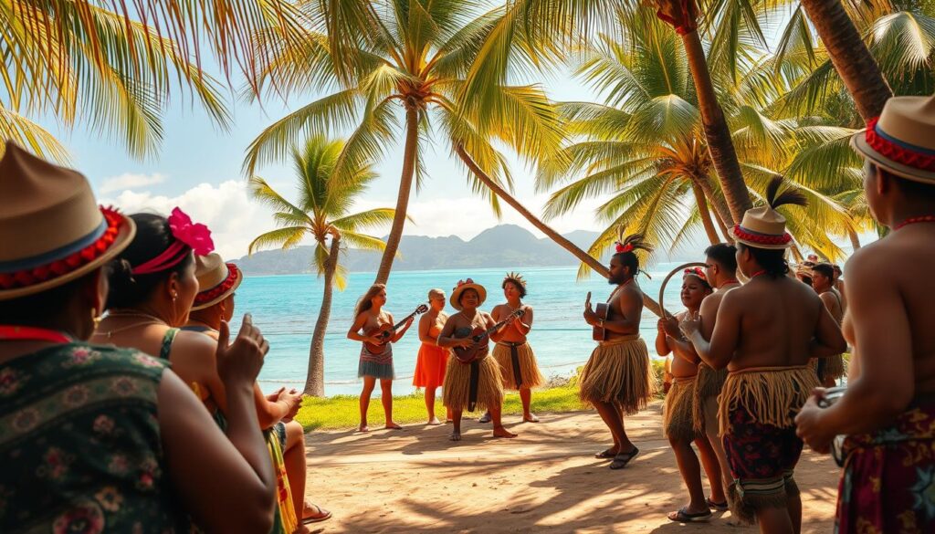 A lively scene in Rarotonga, the cultural heart of the Cook Islands. In the foreground, local artisans showcase their intricate handwoven crafts, from vibrant textiles to decorative woodcarvings. In the middle ground, a traditional dance troupe performs a rhythmic Polynesian number, their grass skirts and feathered headdresses swaying to the beat of ukuleles and drums. The background reveals the stunning natural beauty of Rarotonga, with verdant palm trees, a shimmering turquoise lagoon, and distant volcanic peaks. Warm, golden sunlight bathes the entire scene, evoking a sense of timeless, island serenity.