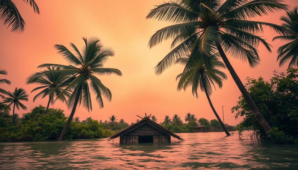 A low-lying island in the South Pacific, Tuvalu faces the harrowing impact of climate change. Captured from a low aerial perspective, the scene depicts rising sea levels flooding the lush, verdant landscape. Coconut palms and other tropical foliage are partially submerged, their fronds bending under the weight of the encroaching waters. In the foreground, a small wooden structure, perhaps a traditional Tuvaluan home, is half-submerged, a poignant symbol of the country's struggle against the advancing tides. The sky is hazy, tinged with an ominous orange glow, reflecting the ominous, foreboding atmosphere. The overall composition conveys a sense of melancholy and the urgent need to address the critical challenge of climate change facing this vulnerable island nation.