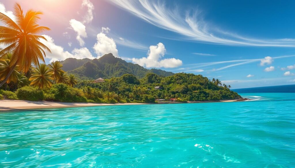 A lush, sun-dappled landscape of Fiji's most picturesque islands, captured in a vibrant, wide-angle shot. In the foreground, crystalline turquoise waters lap against powdery white sand beaches, palm trees swaying gently in the breeze. The middle ground reveals verdant, jungle-clad hills rising up, dotted with traditional Fijian bures. In the distance, a horizon of azure skies and rolling ocean waves, creating a serene, postcard-perfect scene. Warm, golden lighting filters through wispy clouds, imbuing the entire frame with a sense of tropical paradise. Crafted for the "south pacific travel blog" to showcase the stunning natural beauty of Fiji's top island destinations.