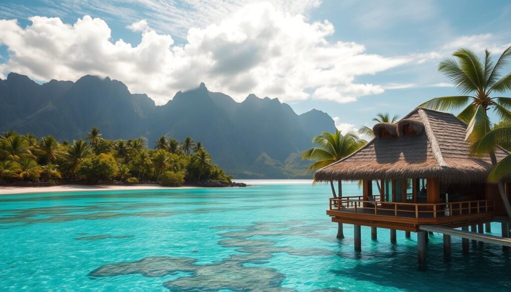 A lush, sun-drenched tropical paradise with swaying palm trees and crystal-clear turquoise waters lapping at a pristine white sand beach. In the foreground, a secluded overwater bungalow with a thatched roof and wooden deck, inviting guests to bask in the tranquil, romantic atmosphere. The middle ground features a vibrant coral reef teeming with colorful marine life, while the background showcases dramatic, rugged mountains rising up from the horizon, capped with wispy clouds. The scene is bathed in warm, golden light, creating a dreamy, idyllic ambiance that captures the allure of Fiji's finest tropical getaways.