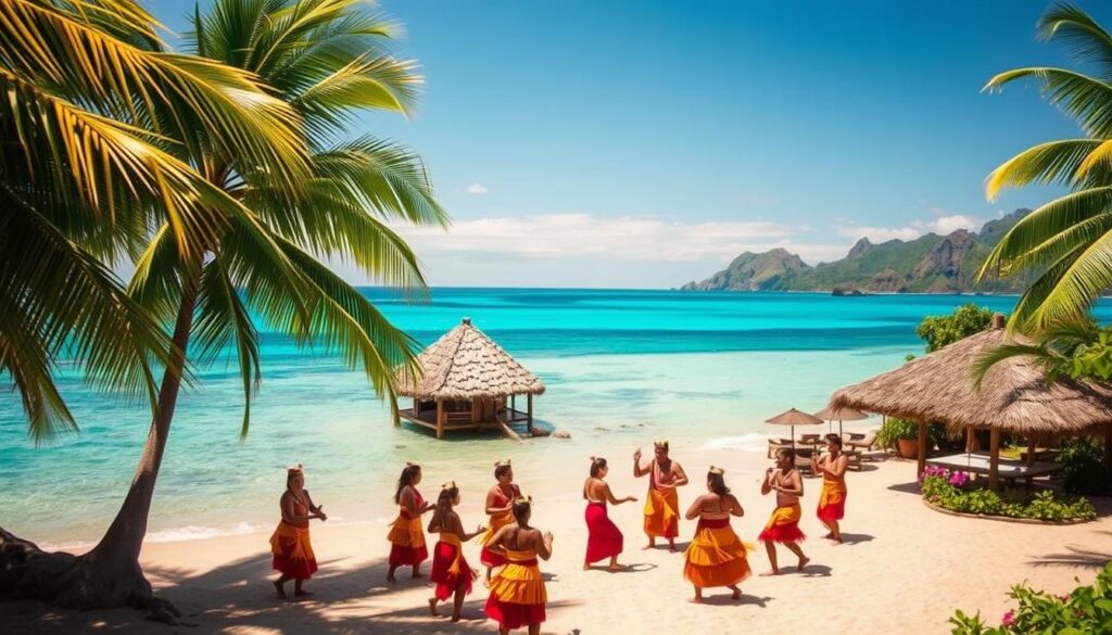 A lush tropical beach on a Fijian island, with swaying palm trees and crystal-clear turquoise waters lapping gently at the shore. In the foreground, a group of local Fijian people in traditional dress perform a ceremonial dance, their movements graceful and rhythmic. The middle ground features a traditional thatched-roof bure, a typical Fijian dwelling, surrounded by vibrant flowers and greenery. In the background, a distant view of rugged, verdant hills and a cloudless azure sky. Warm, natural lighting illuminates the scene, creating a serene and inviting atmosphere. south pacific travel blog