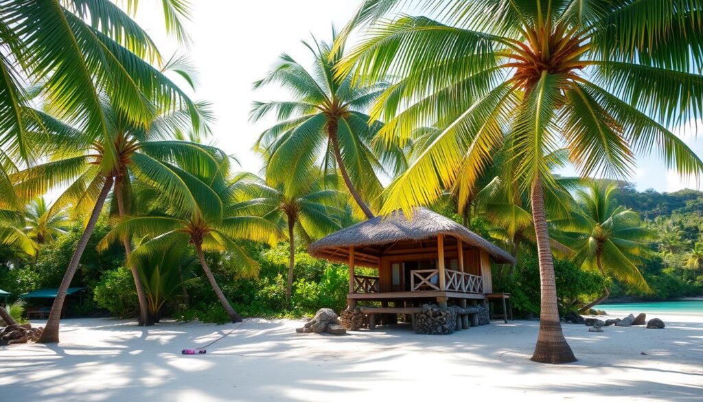 A lush, tropical beach on the island of Samoa, with a traditional Samoan fale accommodation nestled amidst swaying palm trees. The fale's thatched roof and open-air design seamlessly blend with the serene, azure waters and pristine white sand. Soft, diffused sunlight filters through the palms, casting gentle shadows and creating a warm, inviting atmosphere. The scene evokes a sense of tranquility and cultural immersion, perfect for a solo traveler seeking an authentic Samoan experience.