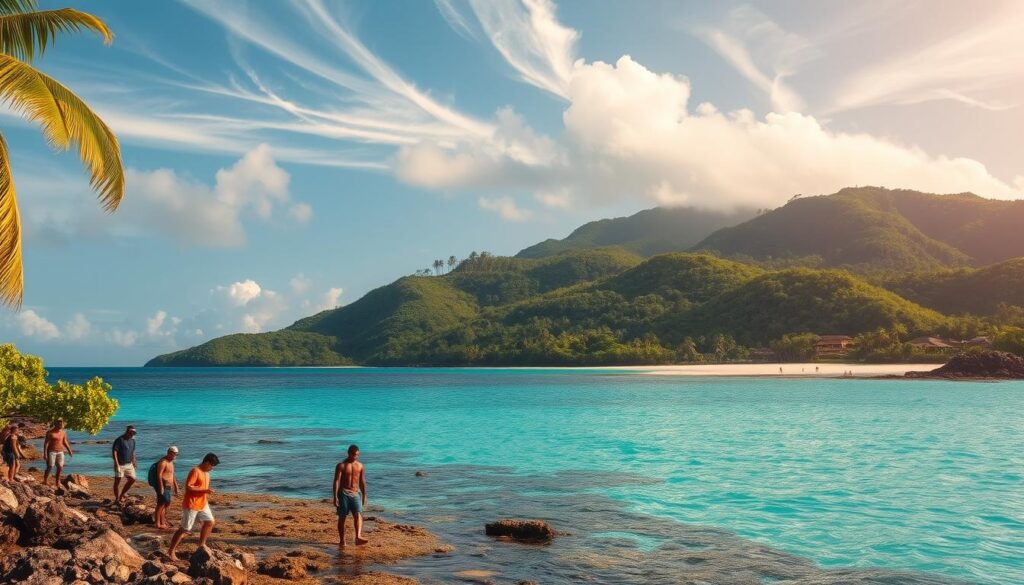 A lush tropical island, its coastline dotted with vibrant coral reefs and swaying palm trees. In the foreground, a group of local islanders carefully monitor and maintain a protected marine reserve, tending to the delicate underwater ecosystem. The middle ground reveals a tranquil beachfront, where visitors stroll along the pristine sands, observing the conservation efforts with a sense of wonder. In the background, verdant hills rise up, their slopes covered in a patchwork of sustainable farms and eco-lodges, showcasing the island's commitment to responsible tourism. Warm, golden sunlight filters through wispy clouds, creating a serene and inspiring atmosphere that highlights the harmony between nature, local communities, and sustainable development.