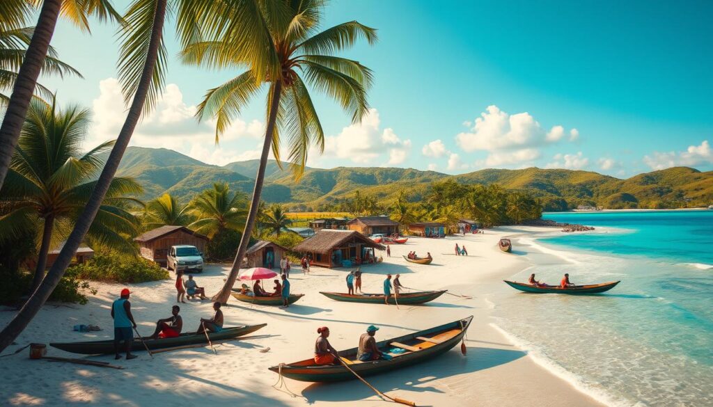 A lush tropical island landscape, with swaying palm trees and turquoise waters lapping at white sandy beaches. In the foreground, a group of local Tuvaluans engage in traditional fishing and boating activities, their colorful garments and equipment reflecting the vibrant culture. The middle ground features a small, quaint village with thatched-roof huts and a central town square, where a handful of tourists can be seen exploring the local markets and interacting with the friendly islanders. In the background, rolling green hills and azure skies create a serene, idyllic atmosphere, conveying the remote, peaceful nature of this tiny Pacific nation. Warm, golden sunlight bathes the entire scene, highlighting the tranquil charm of Tuvalu's tourism landscape.