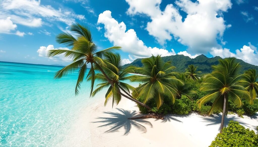 A lush, tropical island paradise in the South Pacific, with crystalline turquoise waters lapping against pristine white sand beaches. Swaying palm trees cast dappled shadows on the shore, creating a serene and tranquil atmosphere. In the distance, verdant hills rise up, cloaked in a lush, verdant mantle of vegetation. The sky is a brilliant azure, with fluffy white clouds drifting lazily overhead, conveying a sense of peace and safety. The scene is captured through a wide-angle lens, emphasizing the expansive, unspoiled natural beauty of this idyllic, secluded island haven, perfect for solo travelers seeking a safe, restorative retreat.