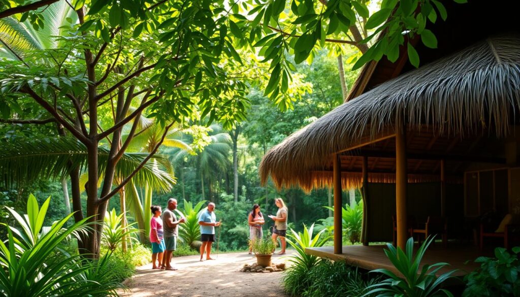A lush, tropical landscape in Vanuatu, showcasing responsible eco-tourism. In the foreground, a traditional-style bungalow with a thatched roof and open-air design, blending seamlessly with the surrounding foliage. In the middle ground, a group of travelers engaged in a cultural activity, such as learning local weaving techniques or participating in a sustainable farming demonstration. The background features a vibrant, verdant forest canopy, with sunlight filtering through the leaves, creating a warm, inviting atmosphere. The scene conveys a sense of harmony between the local community, their environment, and the respectful, eco-conscious travelers. Soft, diffused lighting and a shallow depth of field emphasize the tranquil, immersive experience of responsible tourism in Vanuatu.