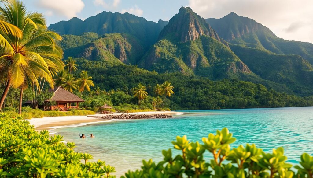 A lush, tropical landscape in Vanuatu, showcasing the beauty of eco-tourism. In the foreground, a tranquil beach with azure waters lapping at the shore, dotted with swaying palm trees. In the middle ground, a traditional bungalow-style eco-lodge, blending seamlessly with the natural surroundings. Guests can be seen enjoying outdoor activities, such as snorkeling or hiking through the verdant, well-preserved rainforest. The background features towering, jagged volcanic peaks, their slopes covered in a verdant tapestry of diverse flora. Warm, diffused sunlight bathes the scene, creating a serene and inviting atmosphere that embodies the essence of sustainable tourism in Vanuatu.
