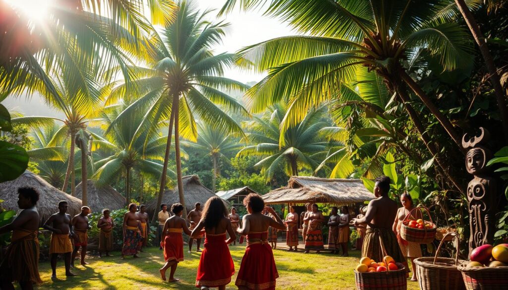 A lush tropical landscape in Vanuatu, with a vibrant village nestled amidst swaying palm trees and verdant foliage. In the foreground, locals in traditional dress perform a ceremonial dance, their movements graceful and rhythmic. Colorful handwoven textiles, intricate wood carvings, and baskets overflowing with fresh produce create a visually rich and immersive scene. Sunlight filters through the canopy, casting a warm, golden glow over the entire tableau. The atmosphere is one of cultural vitality, community, and a deep connection to the natural world.