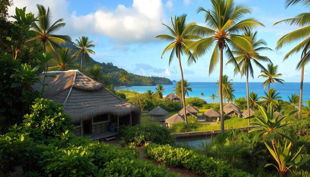 A lush, tropical landscape in the Solomon Islands, where sustainable living thrives in harmony with nature. In the foreground, a traditional thatched-roof hut nestled amidst vibrant green foliage, its inhabitants tending to a thriving garden. In the middle ground, a small village of similar structures, their inhabitants engaged in various eco-friendly activities, from weaving baskets to fishing in a nearby river. The background is dominated by towering palm trees, their fronds swaying gently in the warm breeze, and a distant coastline where azure waters meet the horizon. The scene is bathed in soft, golden lighting, creating a serene and inviting atmosphere, reflecting the off-the-grid, sustainable lifestyle of the Solomon Islands.