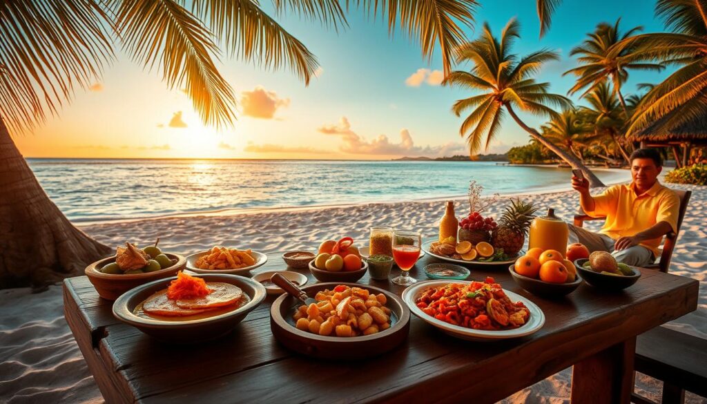 A lush tropical landscape in the South Pacific, the Fijian islands harbor hidden culinary treasures. In the foreground, a rustic wooden table is adorned with an array of vibrant local dishes - fragrant curries, fresh seafood, and exotic fruits. Surrounding the table, a serene beach scene unfolds, with swaying palm trees, crystalline waters, and a stunning sunset backdrop. The warm, golden lighting casts a dreamlike glow, inviting the viewer to immerse themselves in the south pacific travel blog's authentic Fijian cuisine experience.