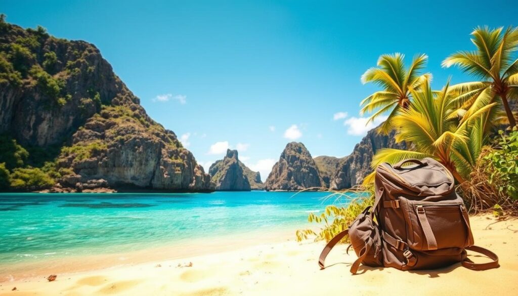A lush, tropical landscape of Niue, a small island nation in the South Pacific. In the foreground, a traveler's backpack and hiking gear rest on the golden sand, hinting at the adventurous journey ahead. The middle ground showcases the island's iconic limestone cliffs, their rugged formations carved by the relentless ocean waves. In the distance, a clear azure sky meets the tranquil, turquoise waters of the lagoon, inviting the viewer to explore this untouched paradise. The scene is bathed in warm, golden sunlight, conveying a sense of serenity and discovery. Captured through a wide-angle lens, the image presents a welcoming and captivating invitation to the unique destination of Niue.